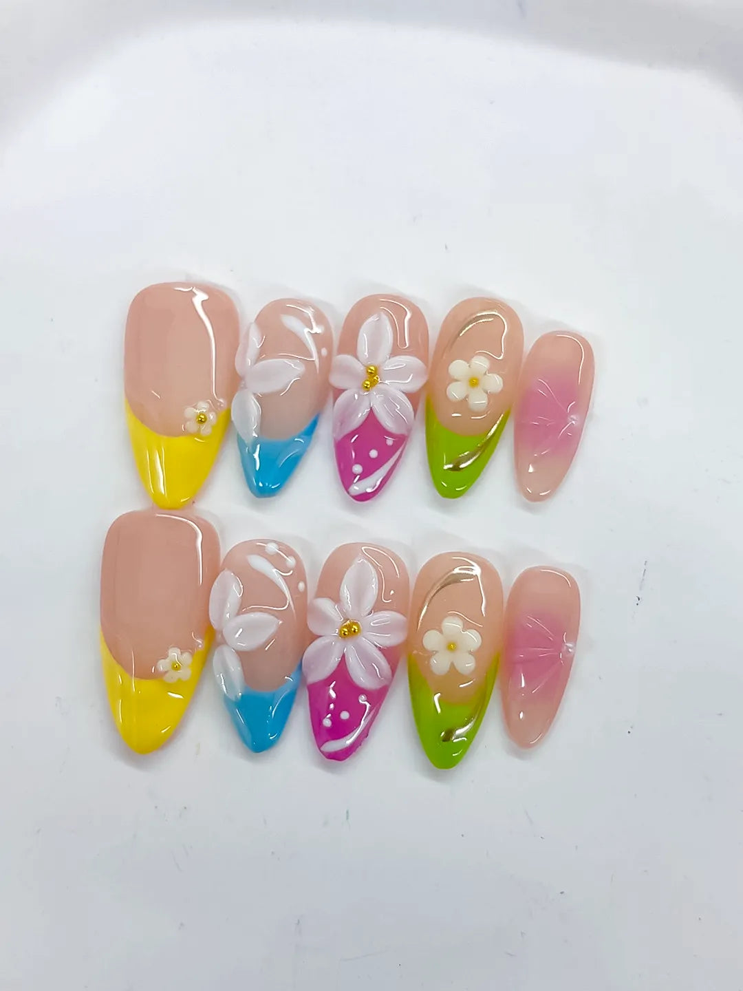 Nude Yellow Blue Pink Green White Abstract Flower Dot Pattern press on nails detail view