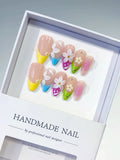 Nude Yellow Blue Pink Green White Abstract Flower Dot Pattern press on nails
