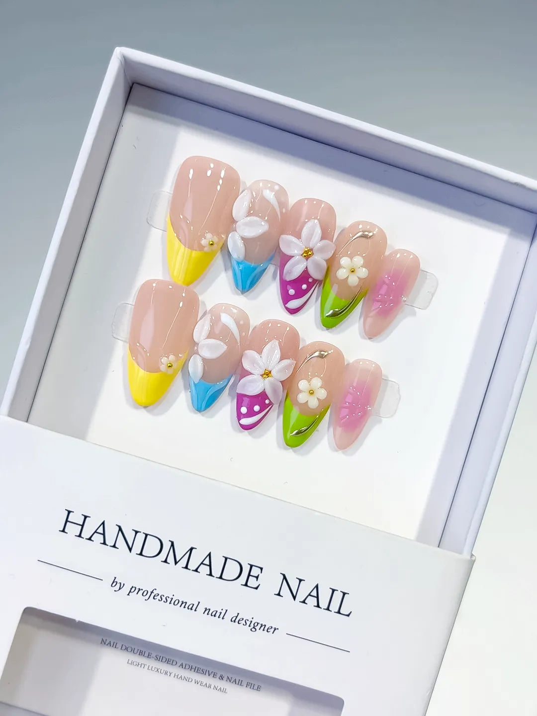 Nude Yellow Blue Pink Green White Abstract Flower Dot Pattern press on nails