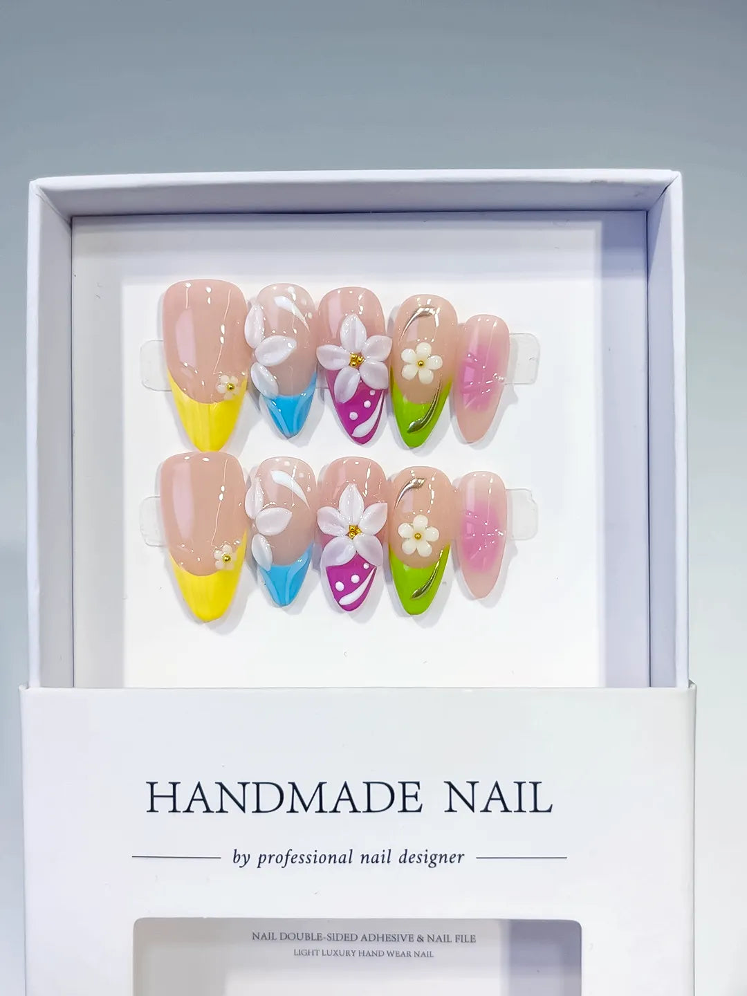 Nude Yellow Blue Pink Green White Abstract Flower Dot Pattern press on nails full set view