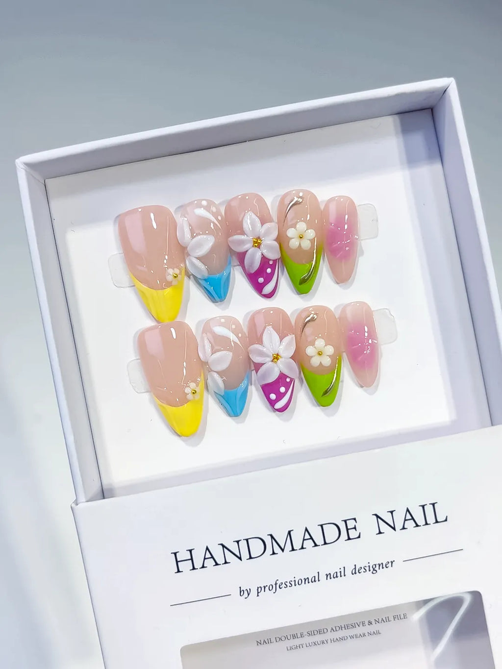 Nude Yellow Blue Pink Green White Abstract Flower Dot Pattern press on nails angled view