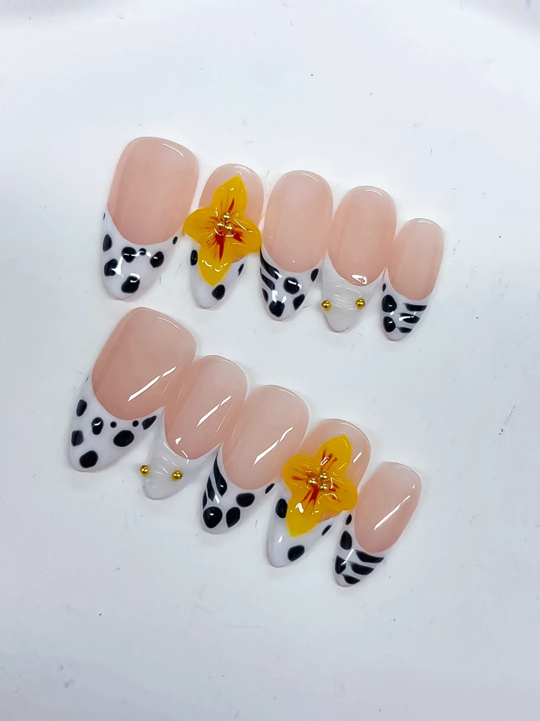 Nude Black White Yellow French tip Flower Dot Pattern press on nails close up