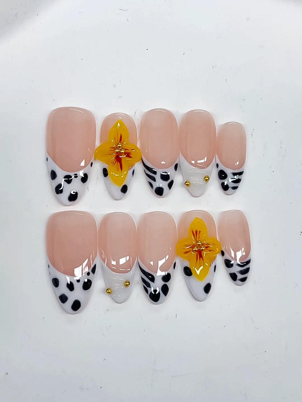 Nude Black White Yellow French tip Flower Dot Pattern press on nails detail view
