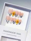 Nude Black White Yellow French tip Flower Dot Pattern press on nails
