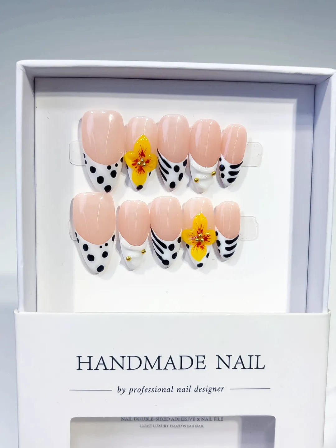 Nude Black White Yellow French tip Flower Dot Pattern press on nails full set view