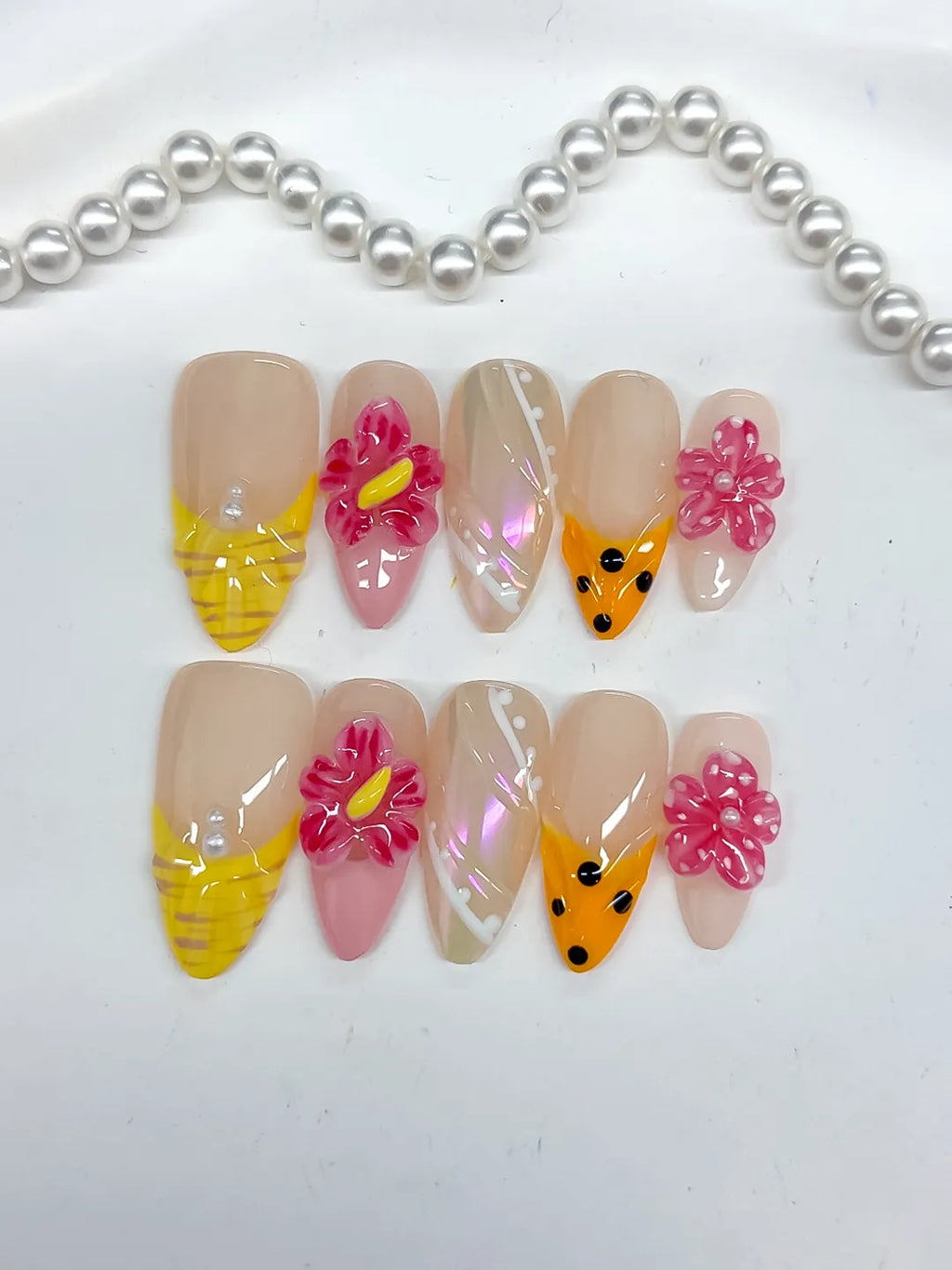 Nude Yellow Pink White Silver Holographic Flower Dot Pattern press on nails close up