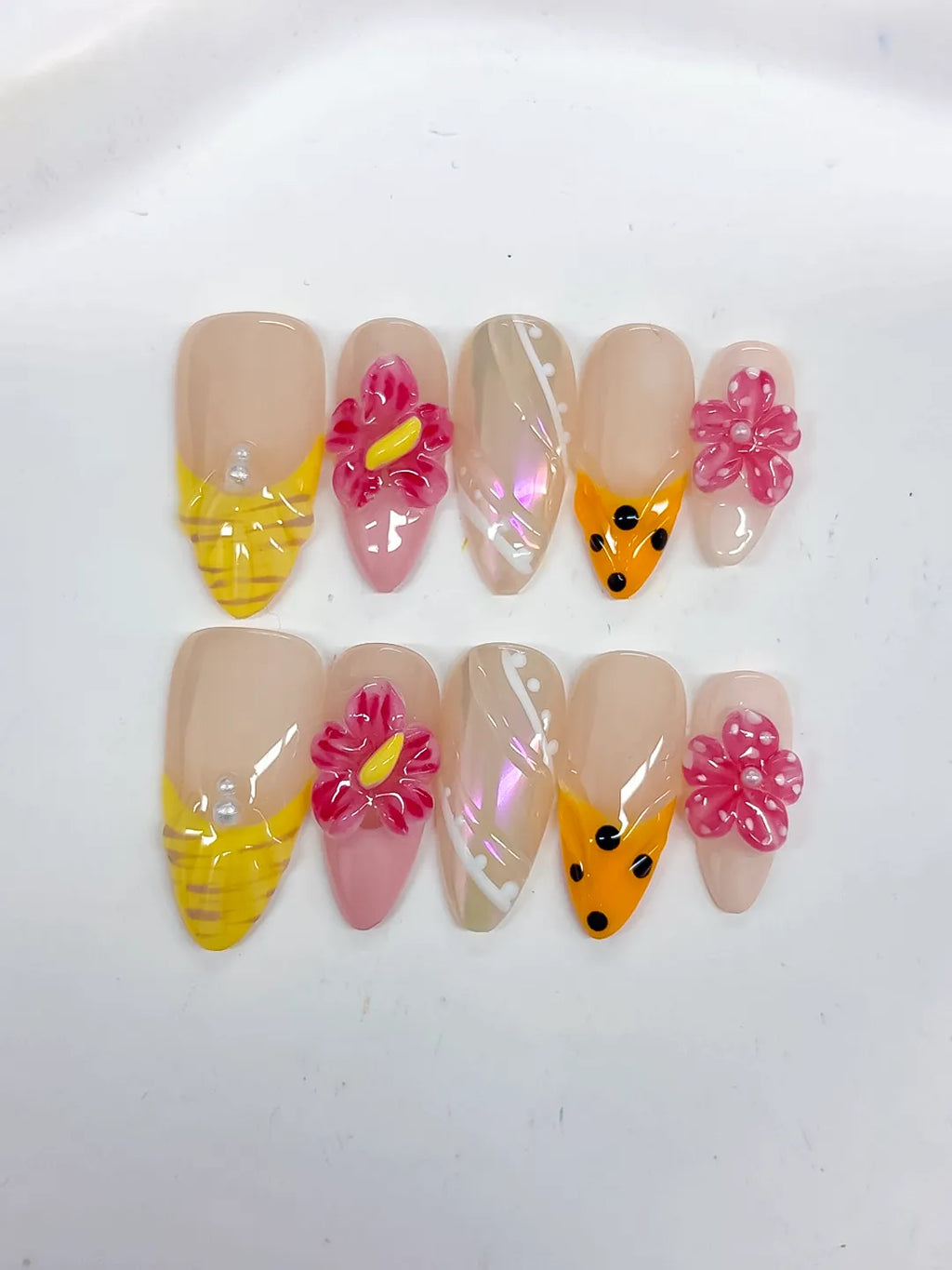 Nude Yellow Pink White Silver Holographic Flower Dot Pattern press on nails detail view