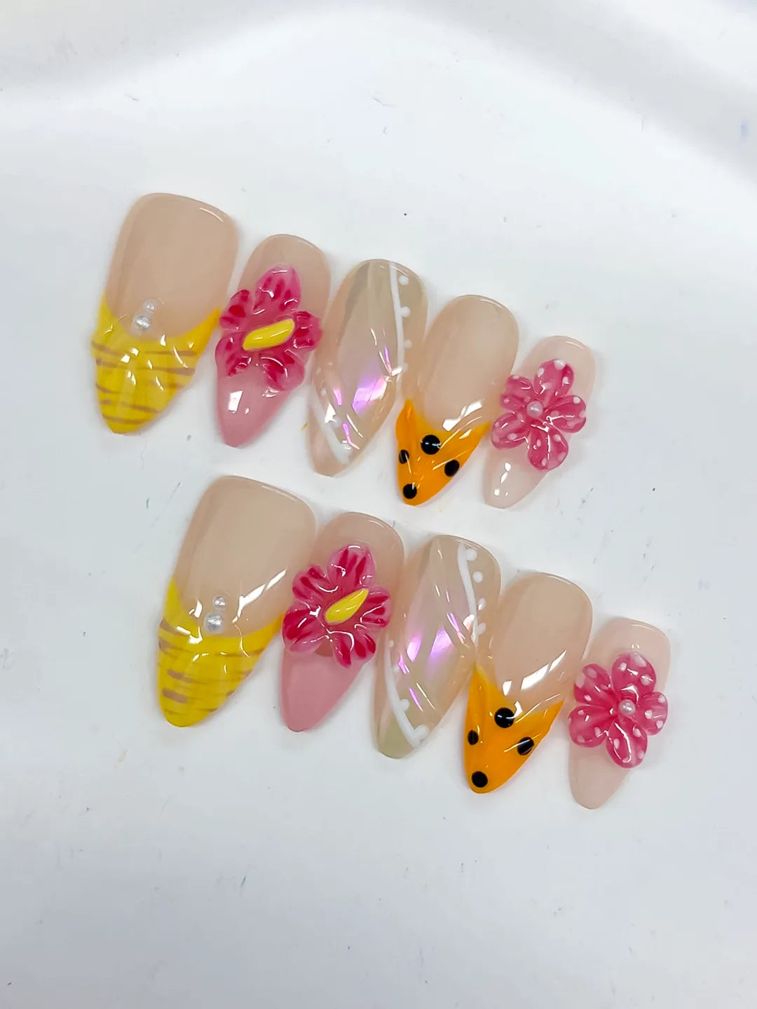 Nude Yellow Pink White Silver Holographic Flower Dot Pattern press on nails detail view