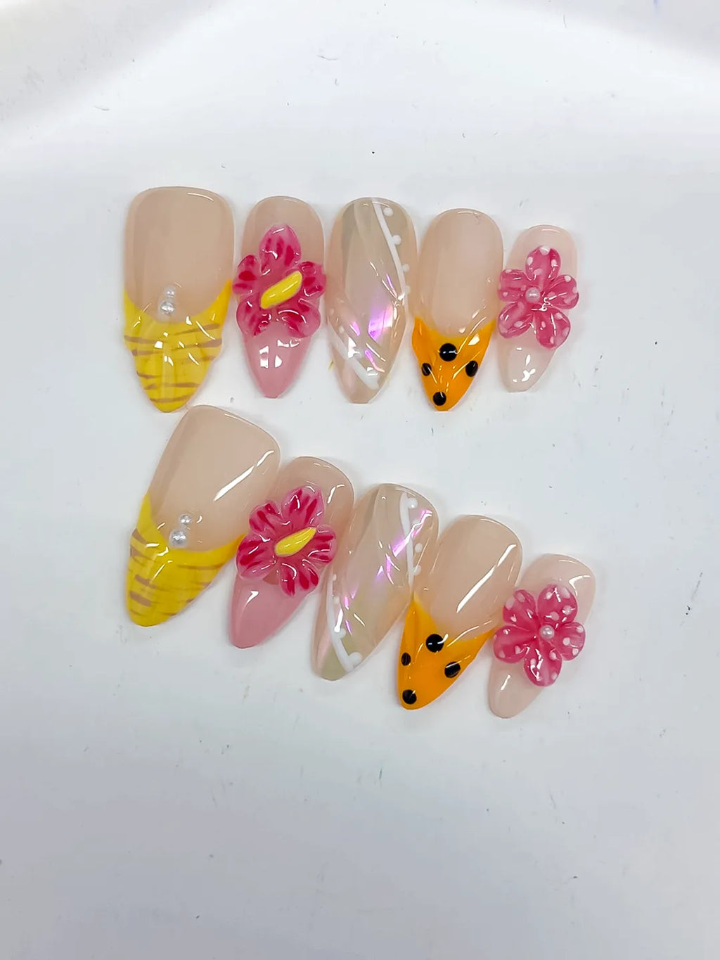 Nude Yellow Pink White Silver Holographic Flower Dot Pattern press on nails detail view