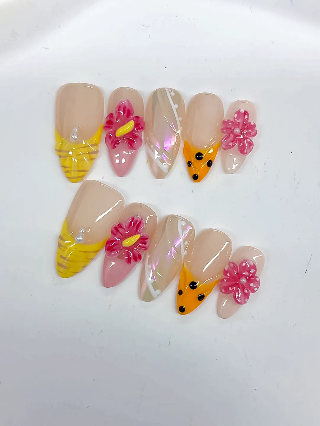 Nude Yellow Pink White Silver Holographic Flower Dot Pattern press on nails detail view