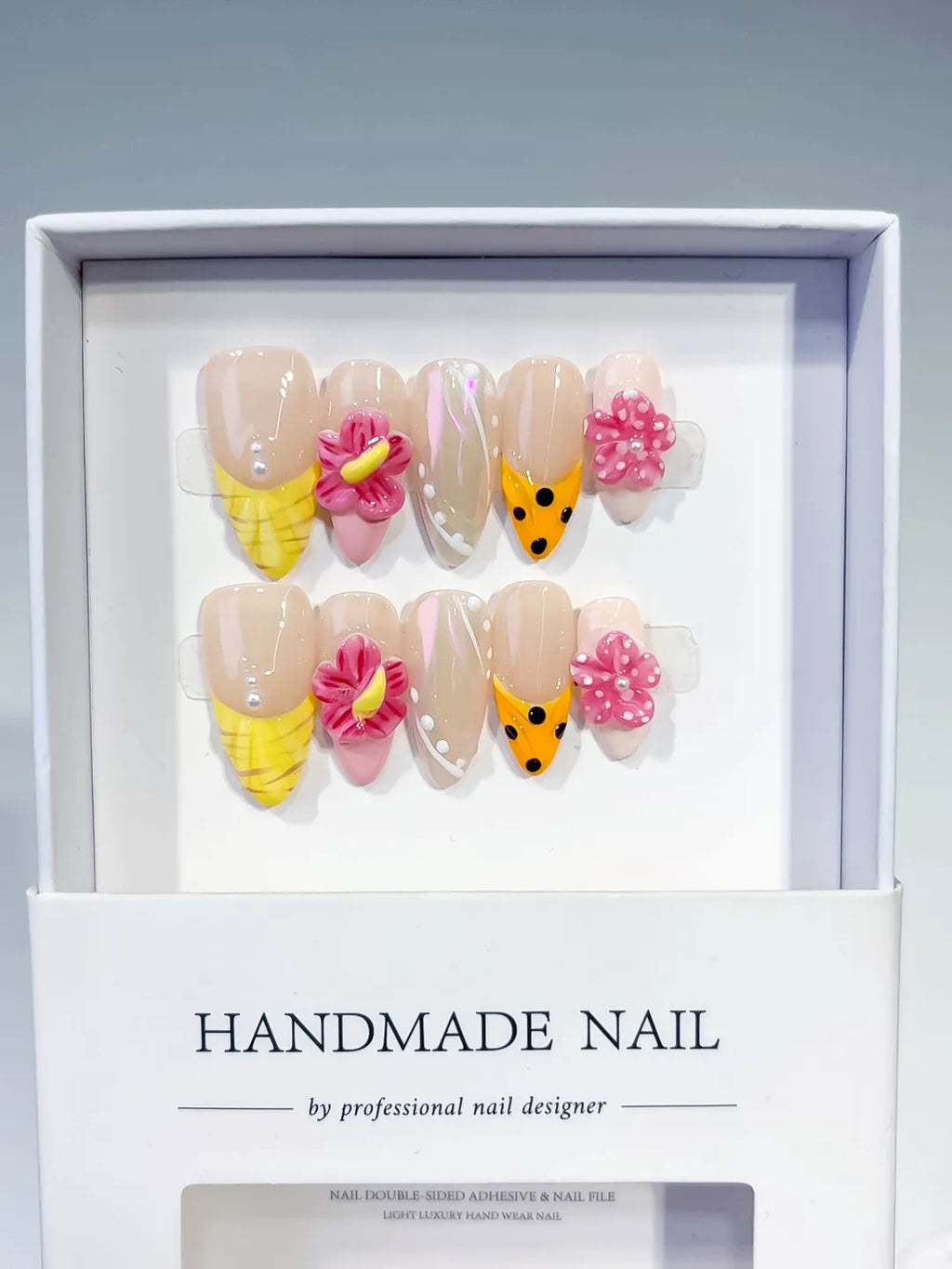 Nude Yellow Pink White Silver Holographic Flower Dot Pattern press on nails full set view