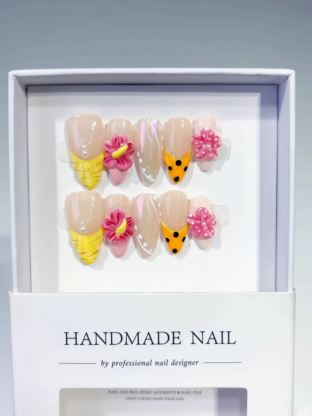 Nude Yellow Pink White Silver Holographic Flower Dot Pattern press on nails full set view