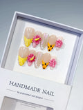 Nude Yellow Pink White Silver Holographic Flower Dot Pattern press on nails