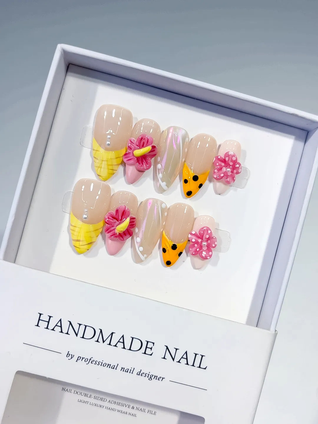 Nude Yellow Pink White Silver Holographic Flower Dot Pattern press on nails