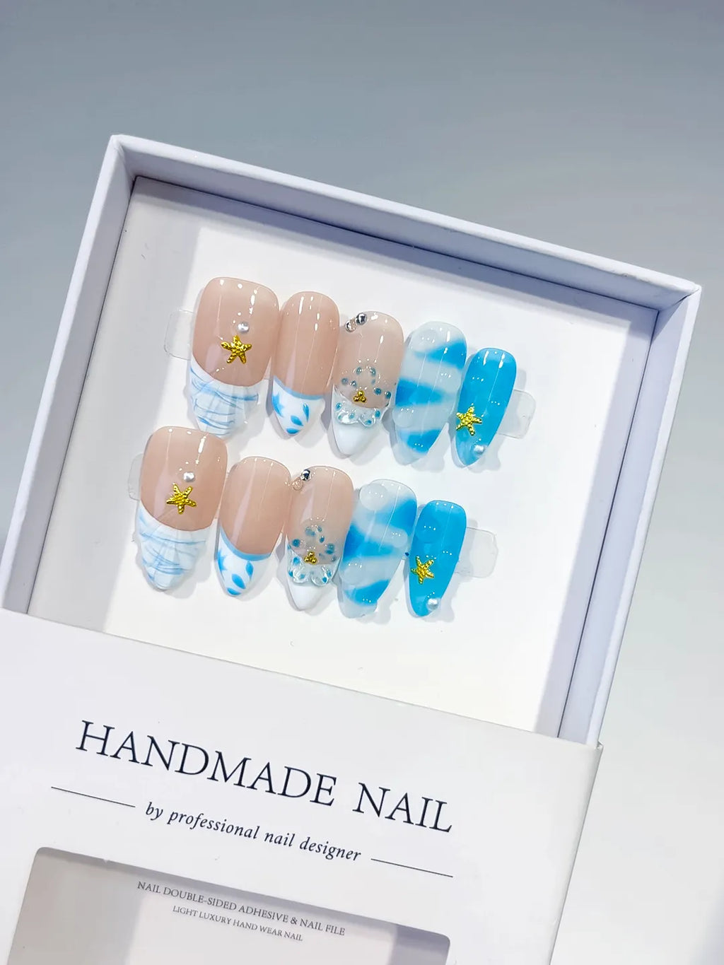 Nude Blue White French tip Star Rhinestone Shell press on nails