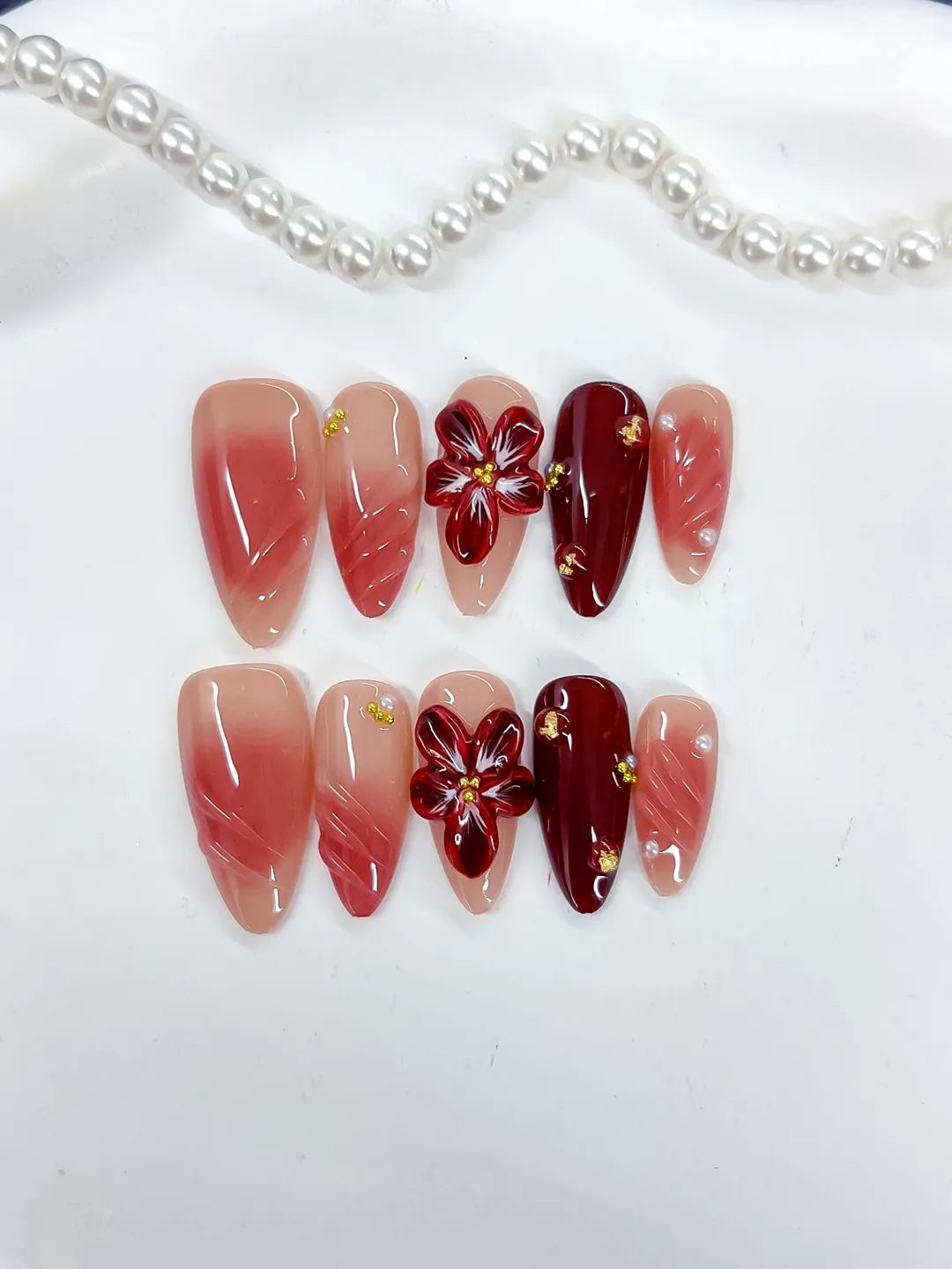 Pink Red Gold Ombre Flower Stud press on nails close up