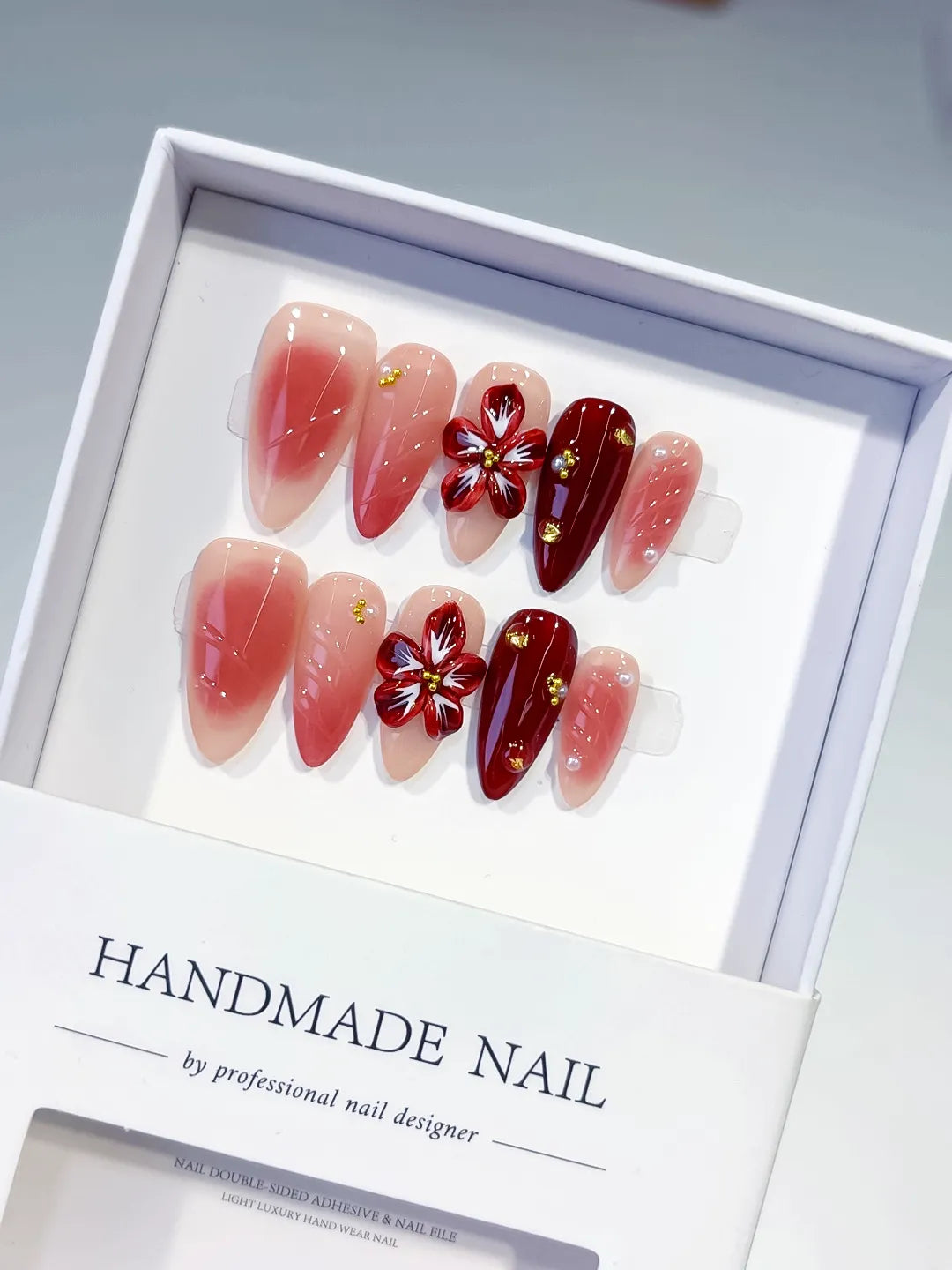 Pink Red Gold Ombre Flower Stud press on nails