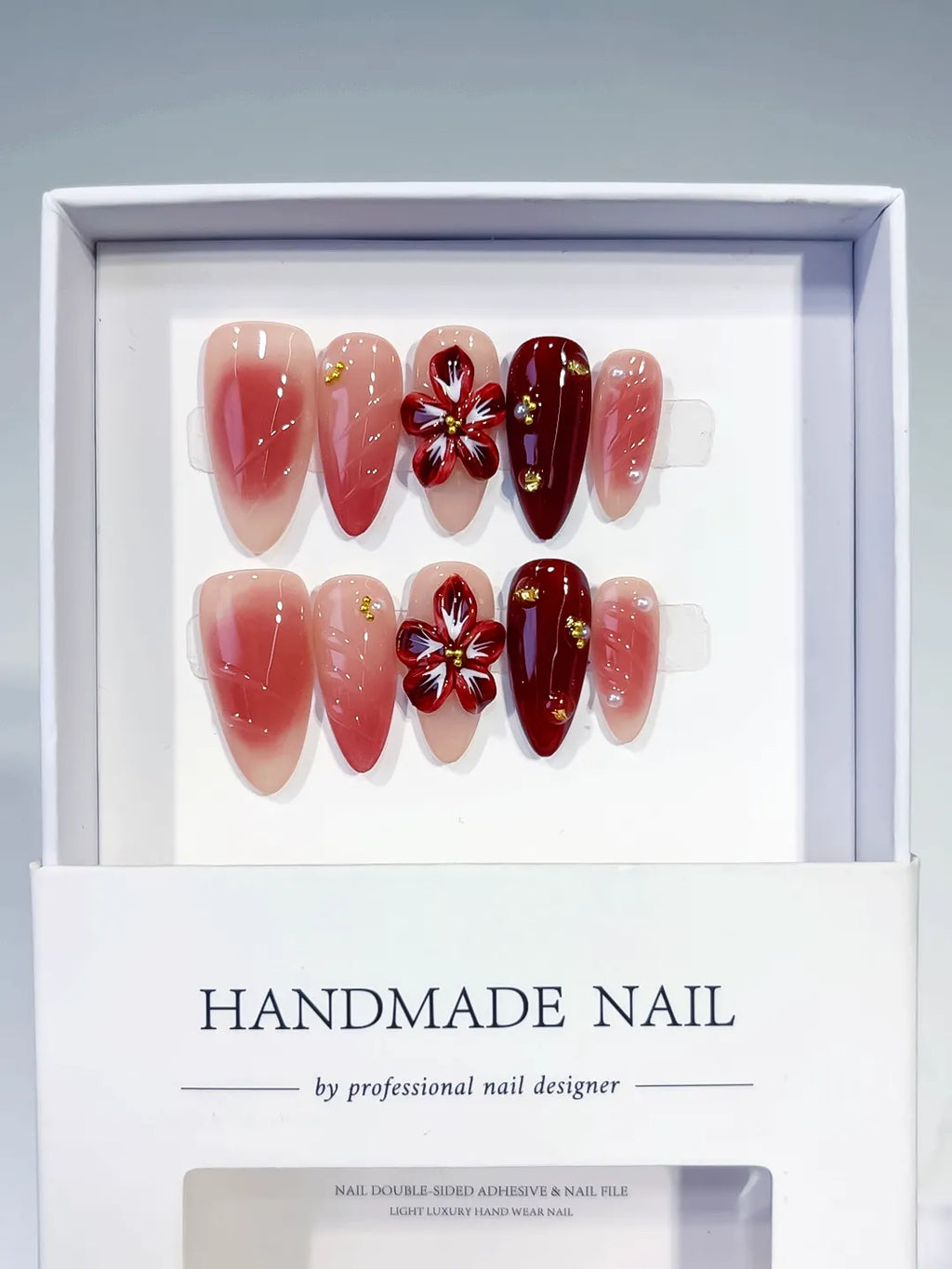 Pink Red Gold Ombre Flower Stud press on nails full set view