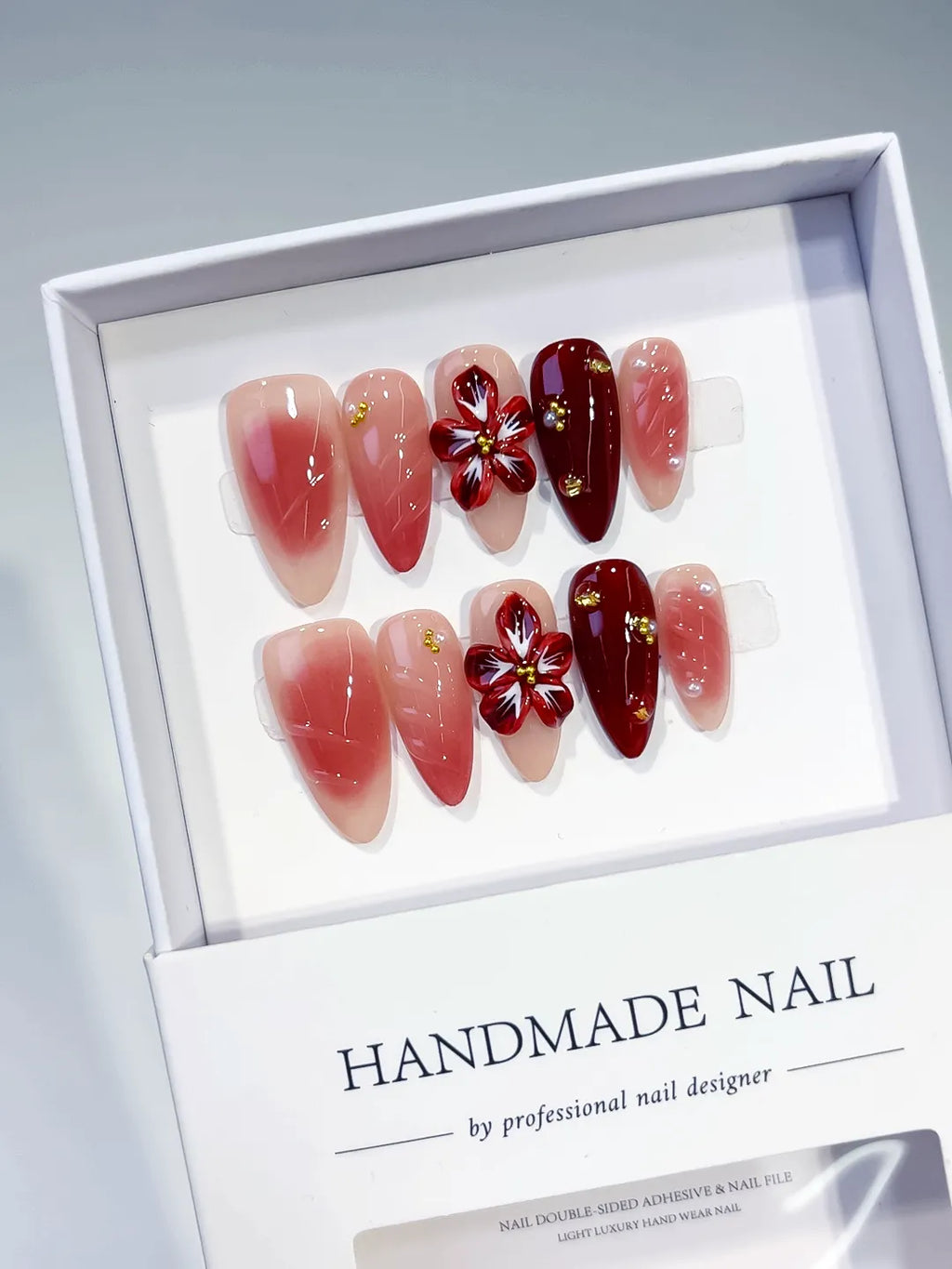 Pink Red Gold Ombre Flower Stud press on nails angled view