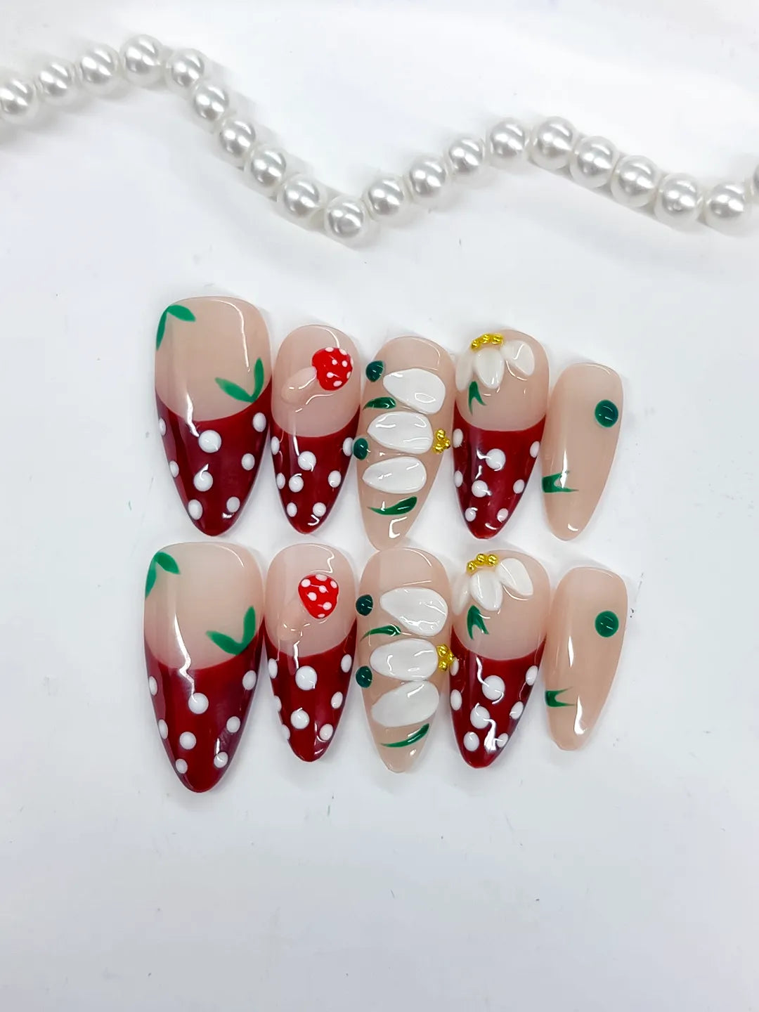 Nude Red White Green Abstract Flower Strawberry Dot Pattern press on nails close up