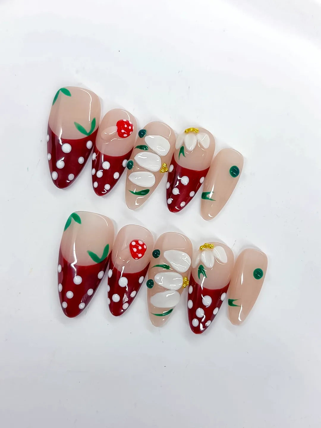 Nude Red White Green Abstract Flower Strawberry Dot Pattern press on nails detail view