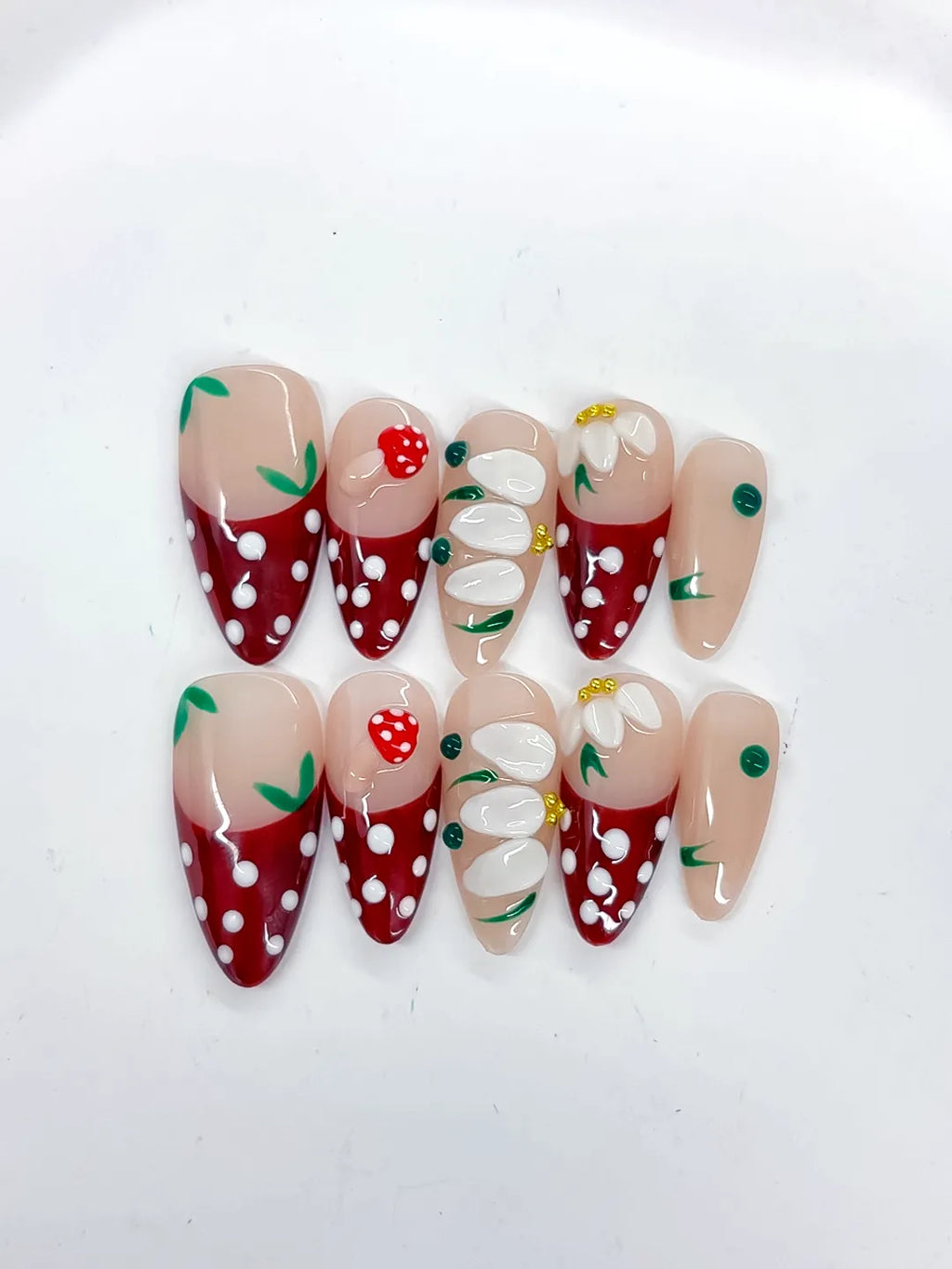 Nude Red White Green Abstract Flower Strawberry Dot Pattern press on nails detail view