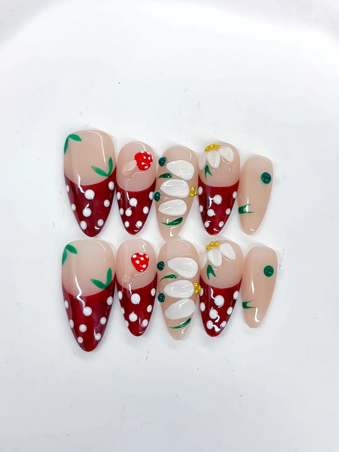 Nude Red White Green Abstract Flower Strawberry Dot Pattern press on nails detail view