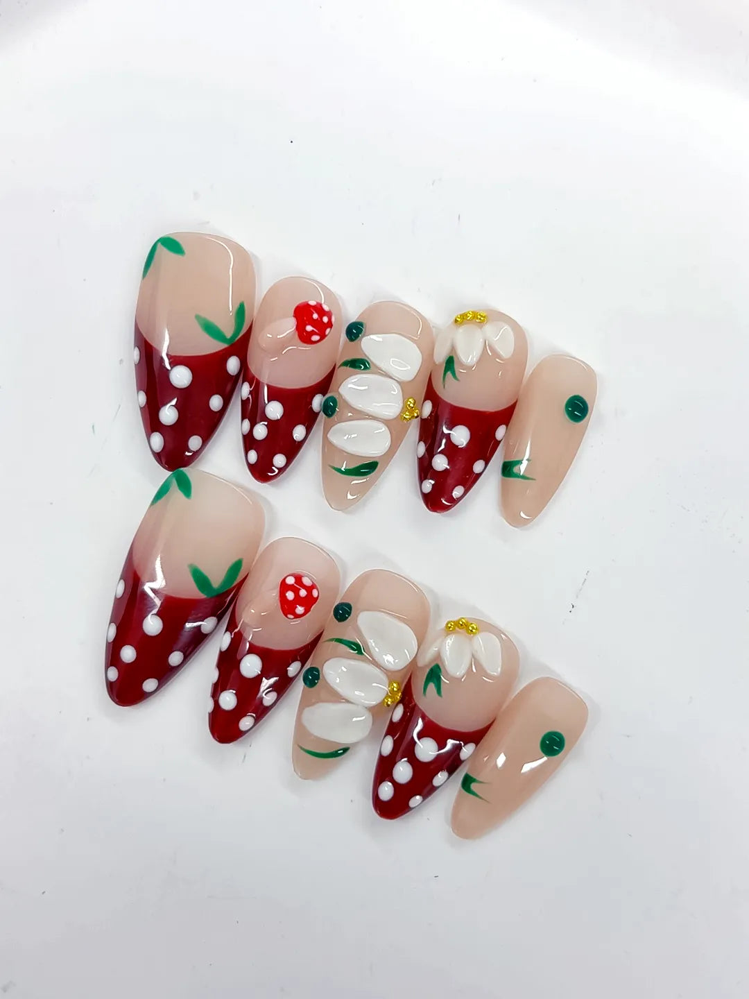 Nude Red White Green Abstract Flower Strawberry Dot Pattern press on nails detail view