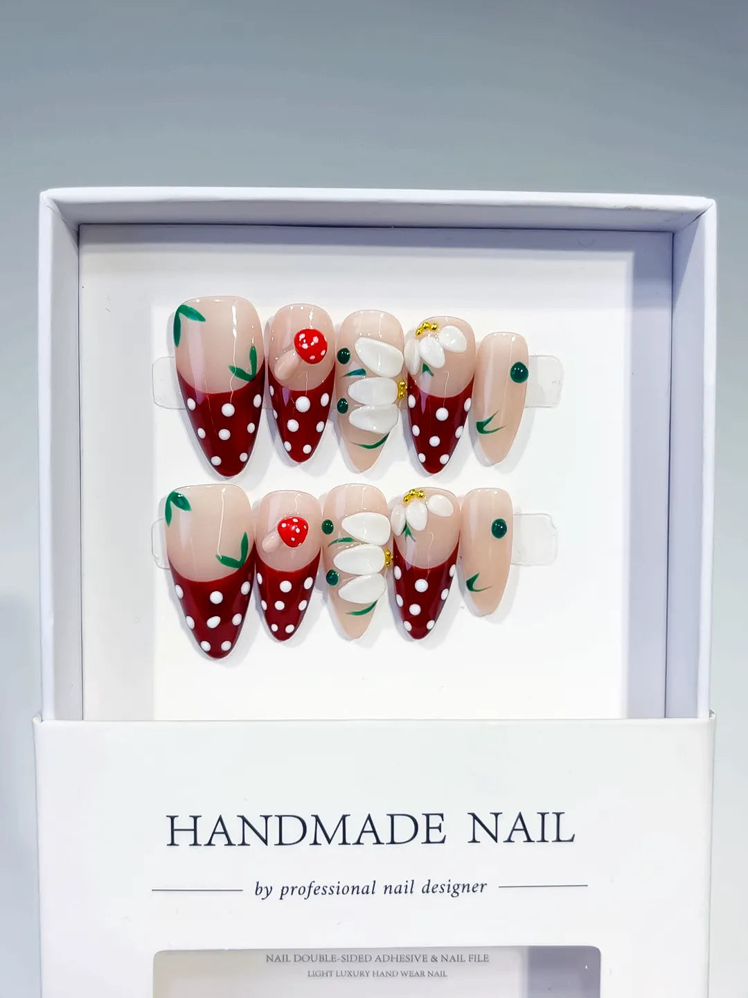 Nude Red White Green Abstract Flower Strawberry Dot Pattern press on nails full set view