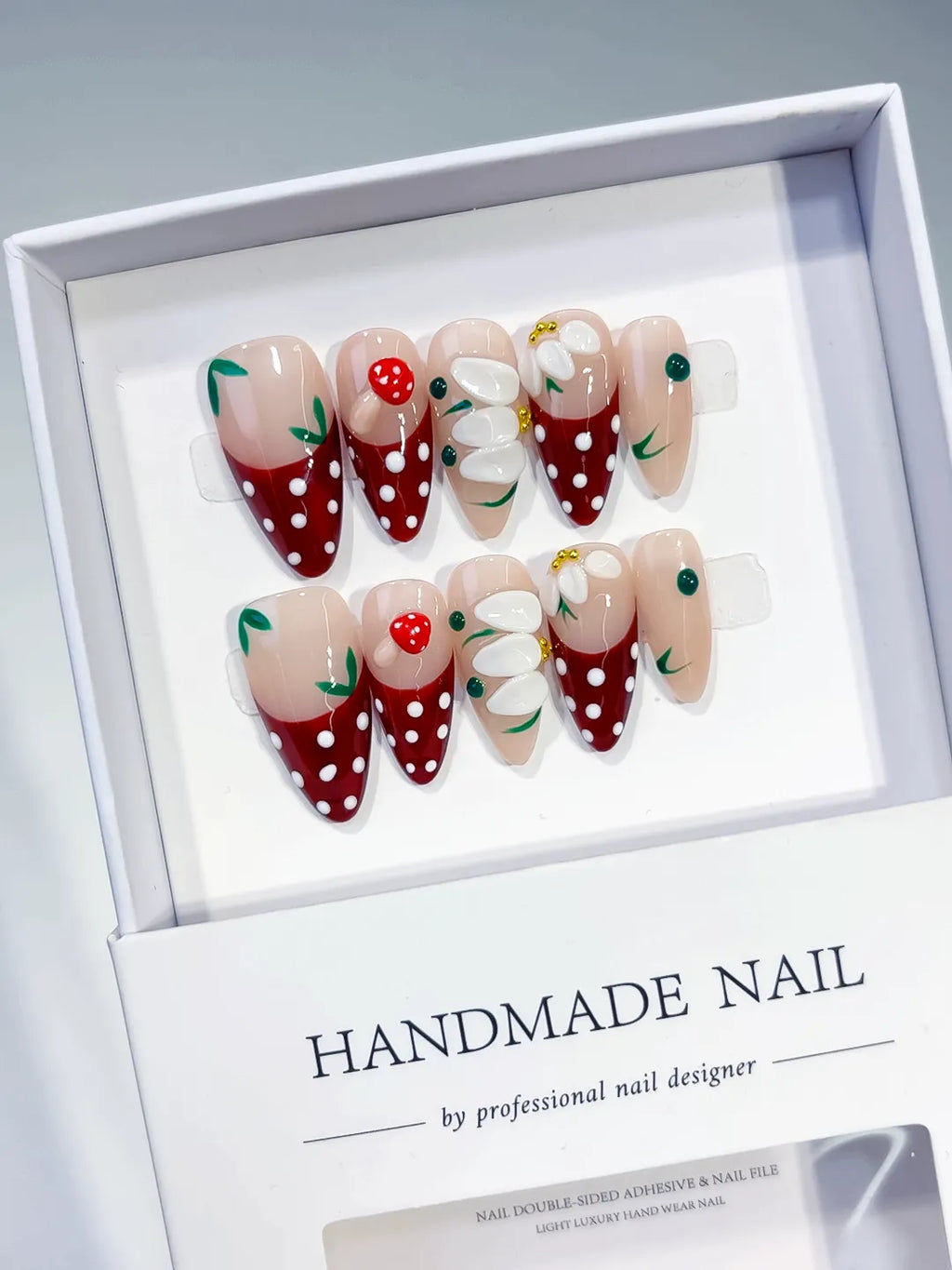 Nude Red White Green Abstract Flower Strawberry Dot Pattern press on nails angled view