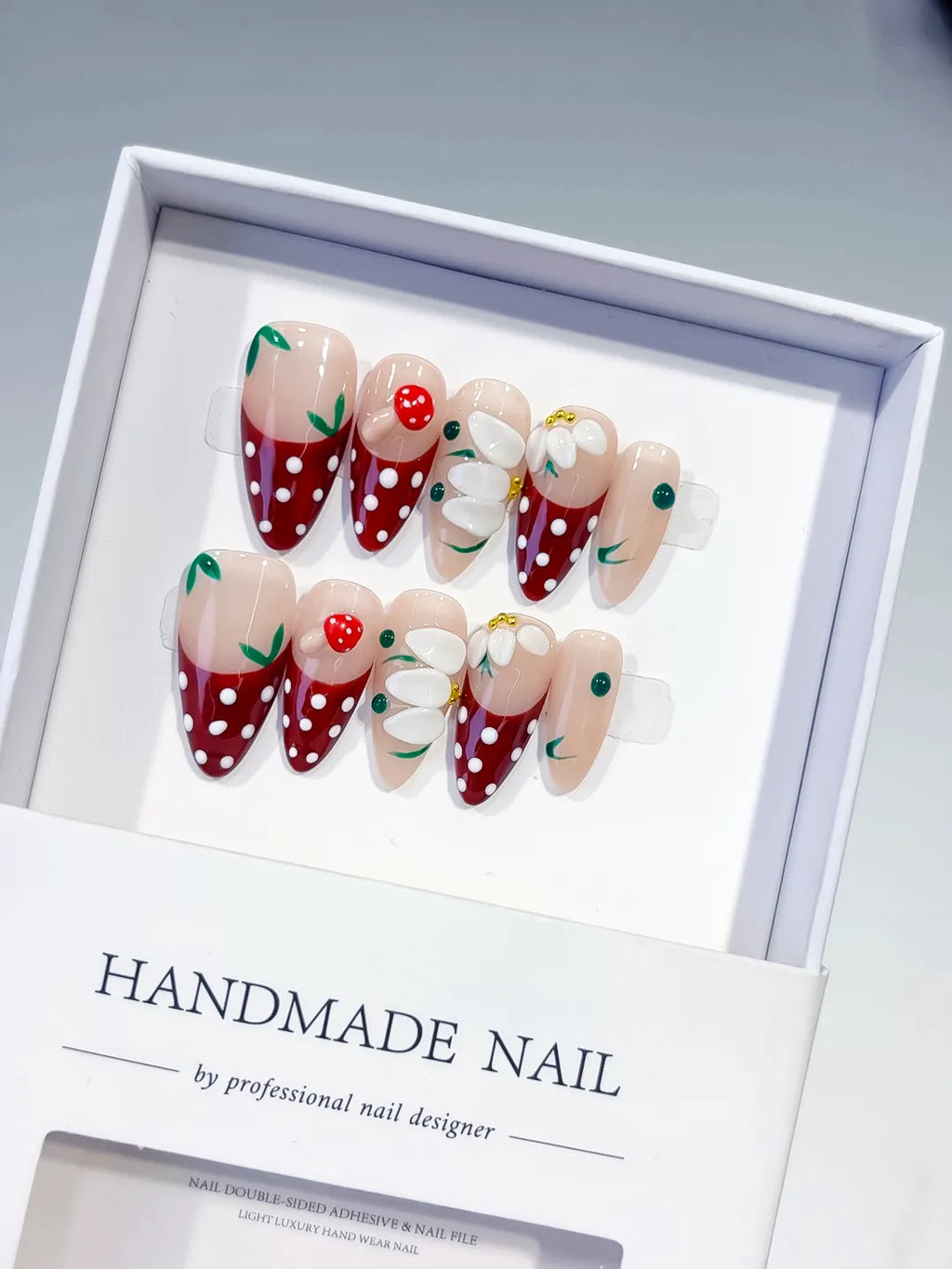Nude Red White Green Abstract Flower Strawberry Dot Pattern press on nails