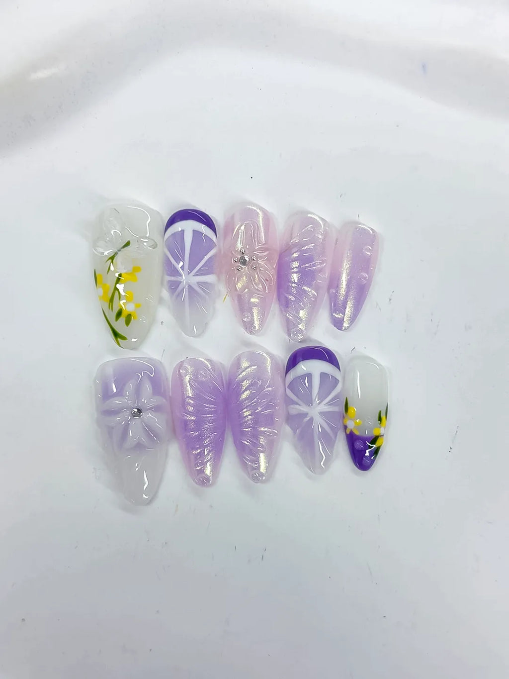 White Purple Yellow Holographic Flower Rhinestone Fruit press on nails close up