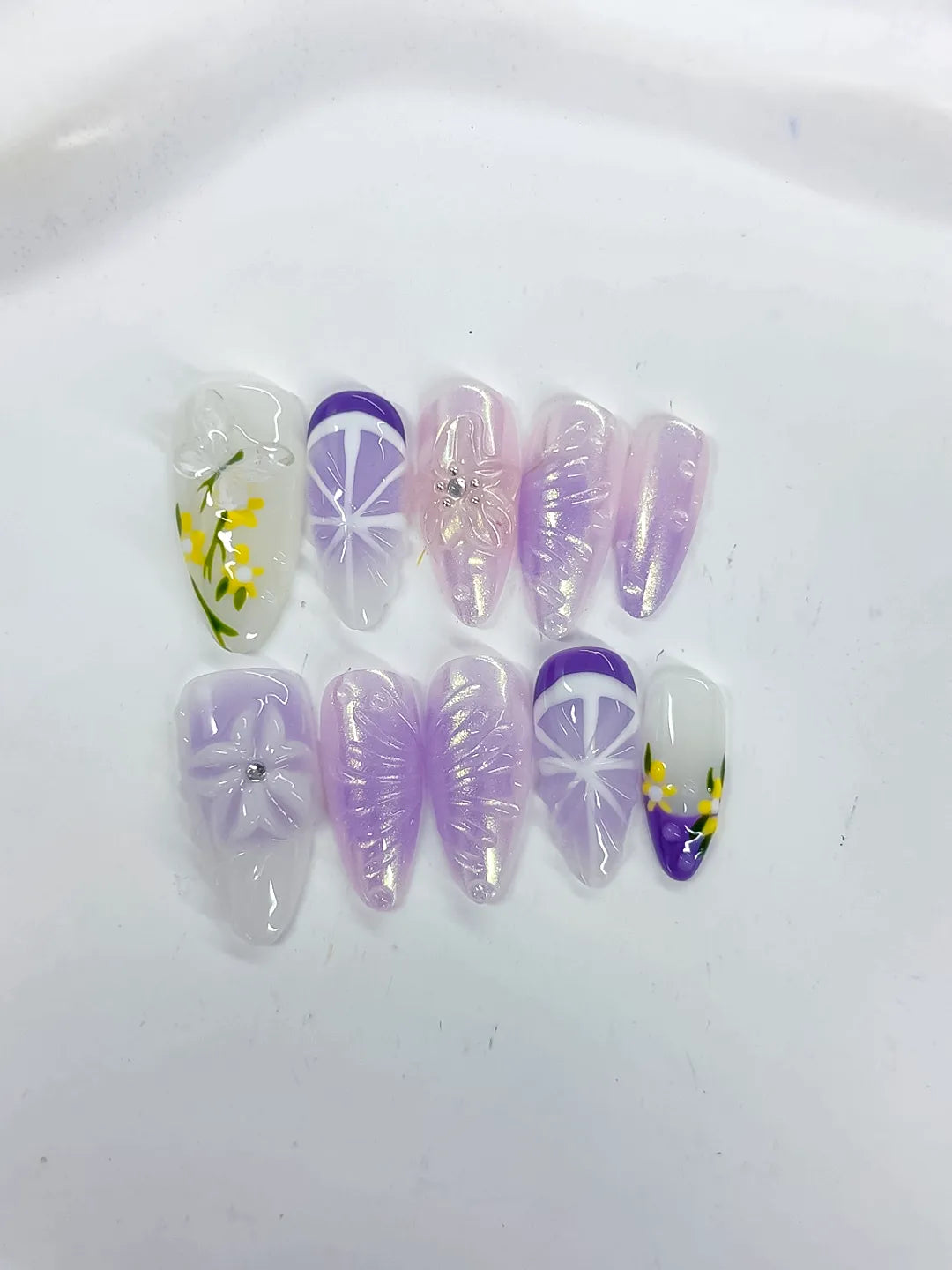 White Purple Yellow Holographic Flower Rhinestone Fruit press on nails close up