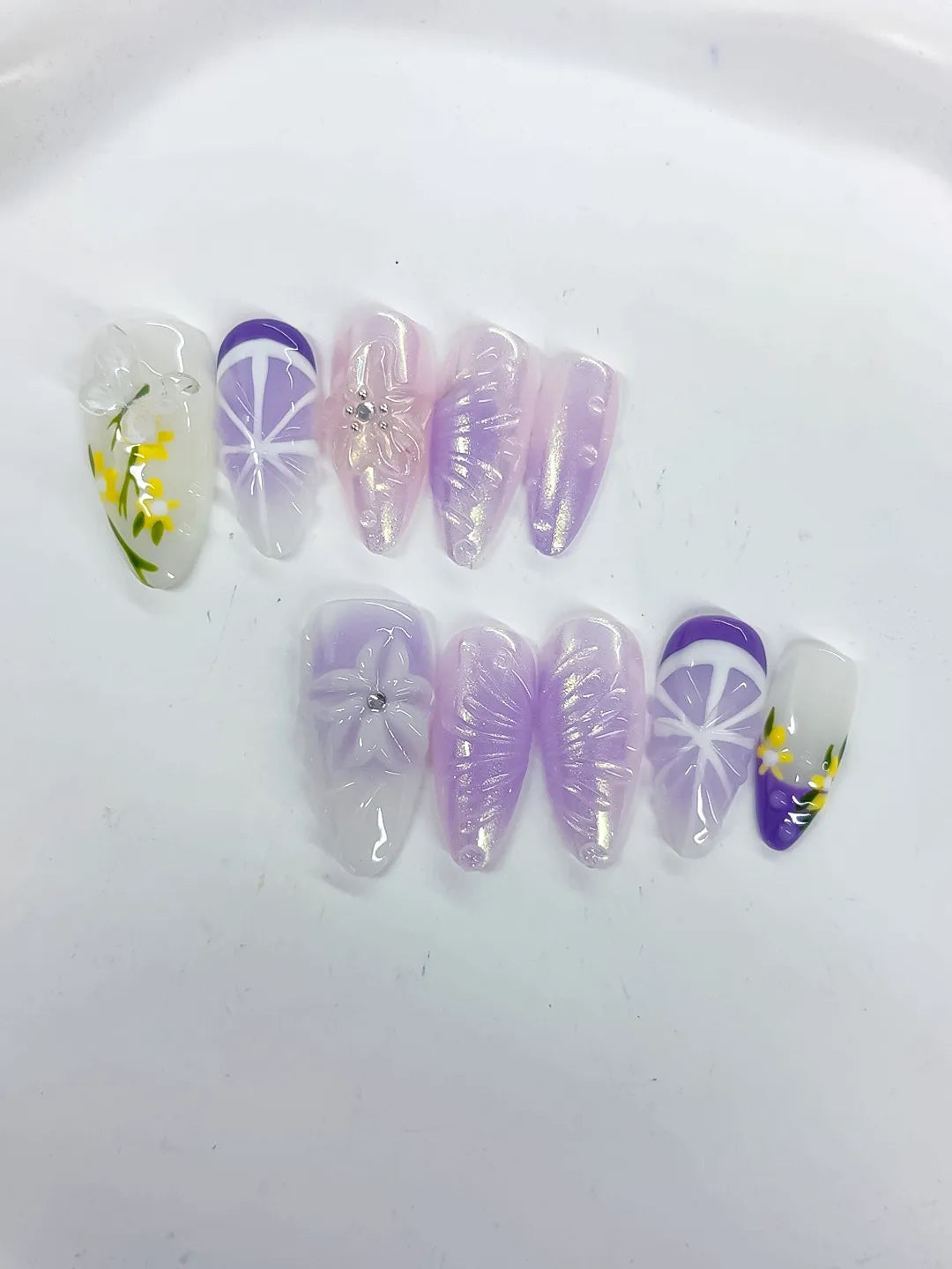 White Purple Yellow Holographic Flower Rhinestone Fruit press on nails detail view