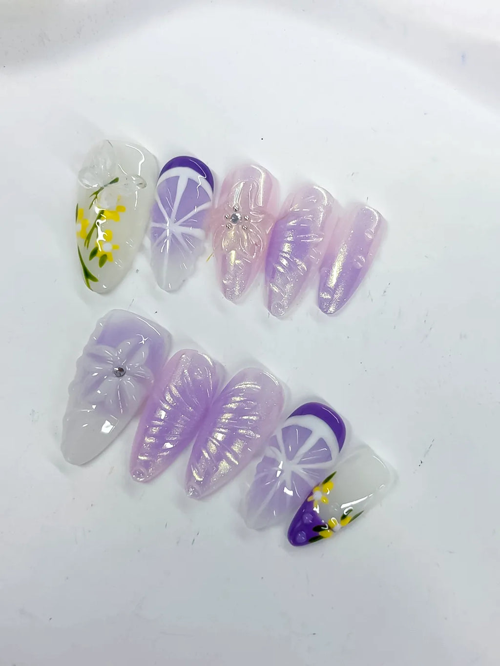 White Purple Yellow Holographic Flower Rhinestone Fruit press on nails detail view