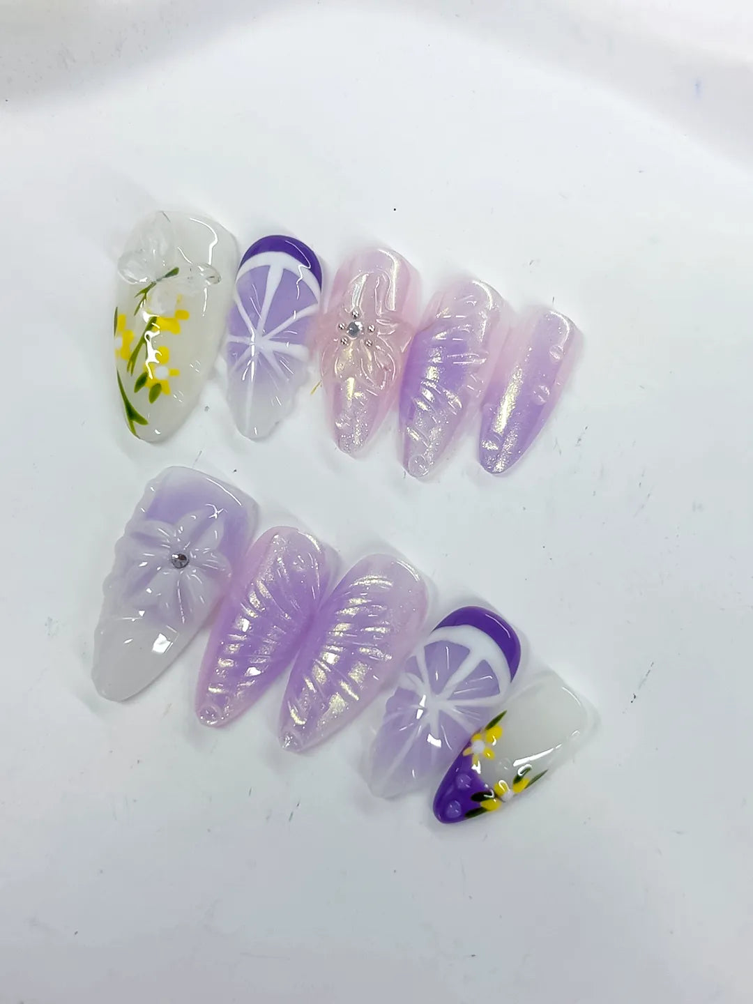 White Purple Yellow Holographic Flower Rhinestone Fruit press on nails detail view
