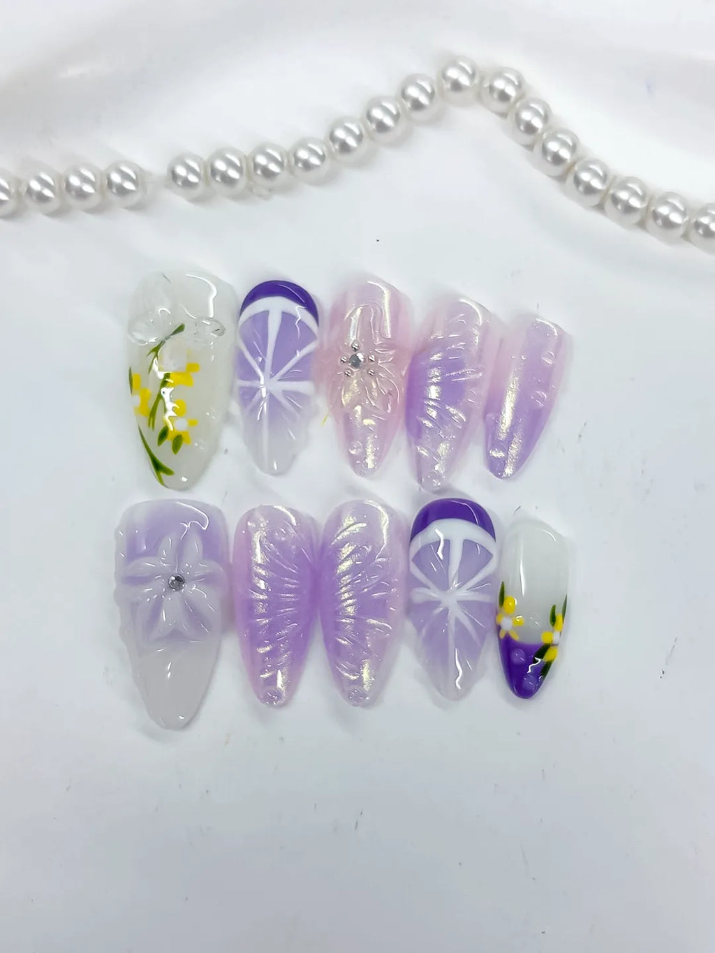 White Purple Yellow Holographic Flower Rhinestone Fruit press on nails detail view