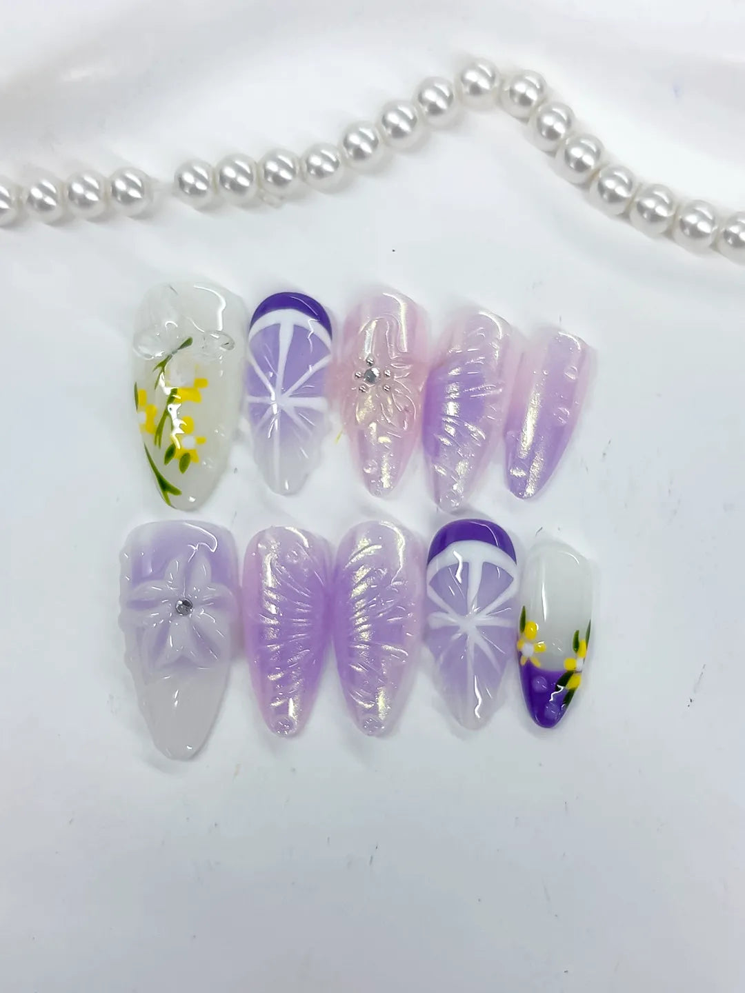 White Purple Yellow Holographic Flower Rhinestone Fruit press on nails detail view