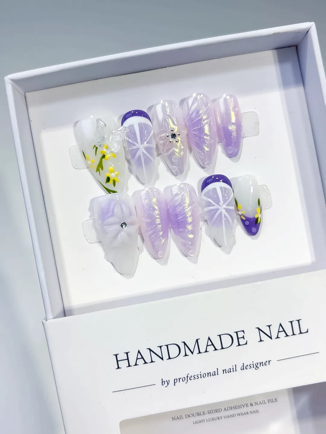 White Purple Yellow Holographic Flower Rhinestone Fruit press on nails full set view
