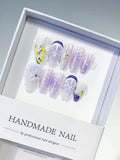 White Purple Yellow Holographic Flower Rhinestone Fruit press on nails