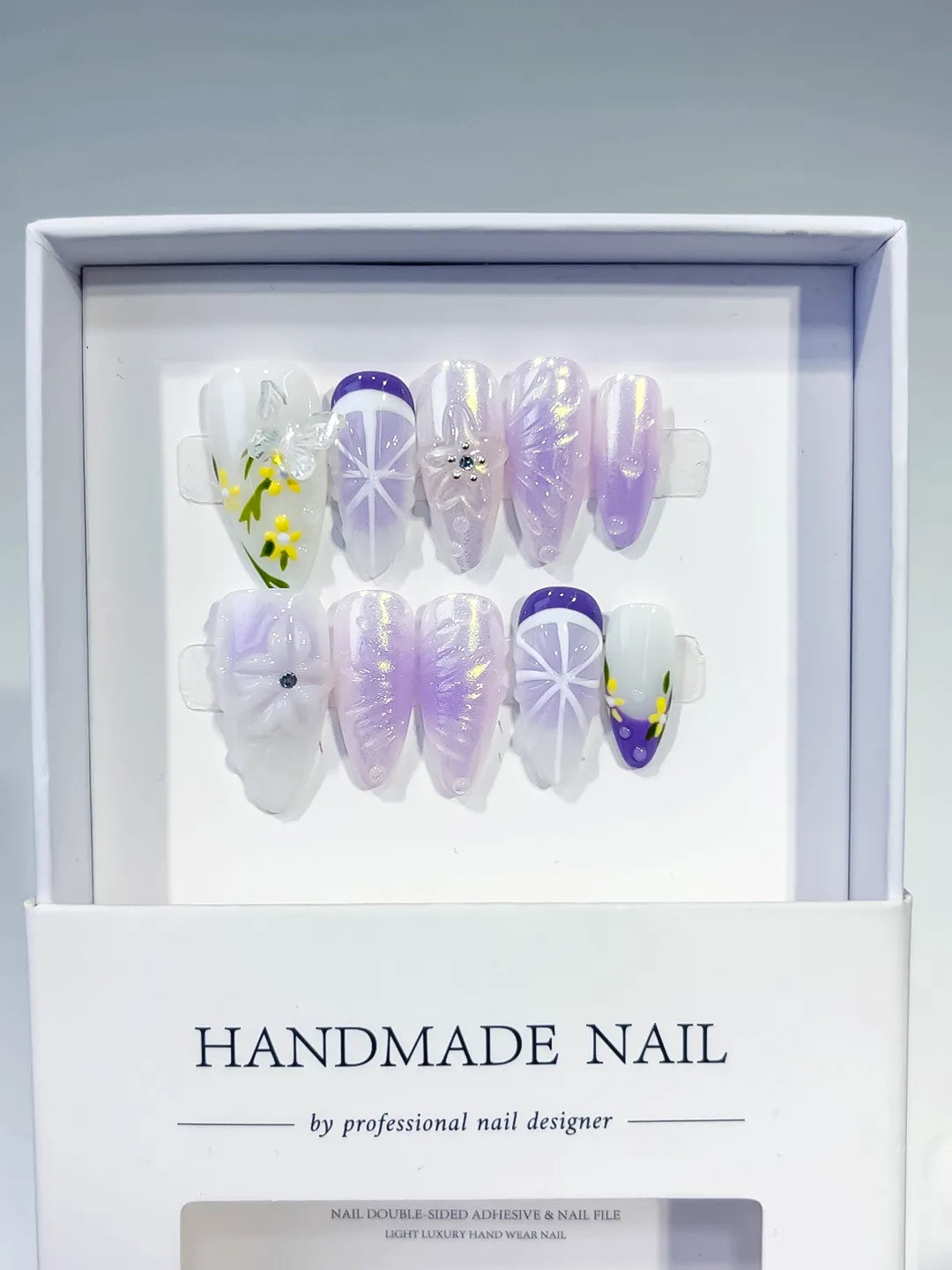 White Purple Yellow Holographic Flower Rhinestone Fruit press on nails angled view