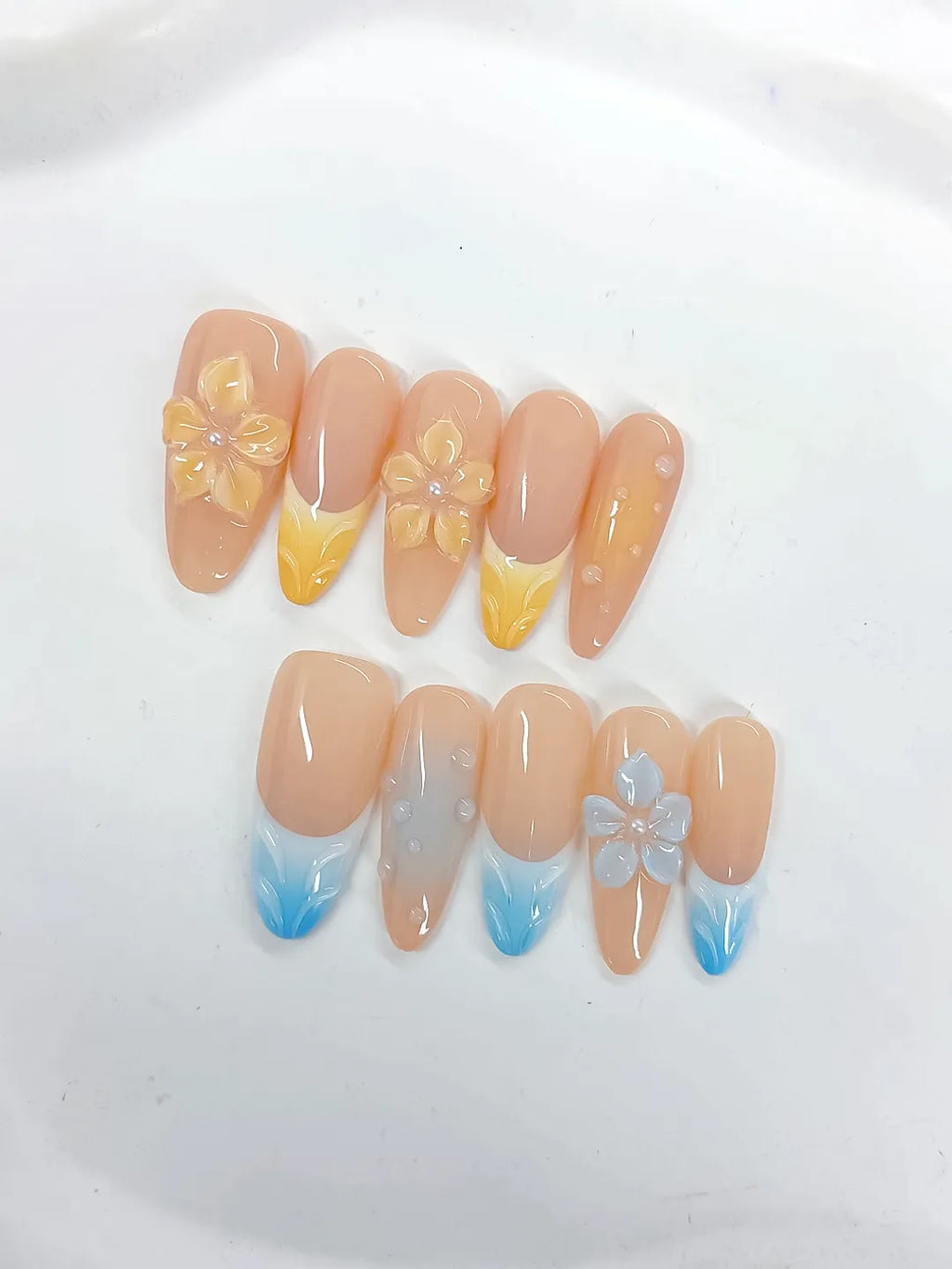 Nude Yellow Blue White French tip Flower Pearl press on nails close up
