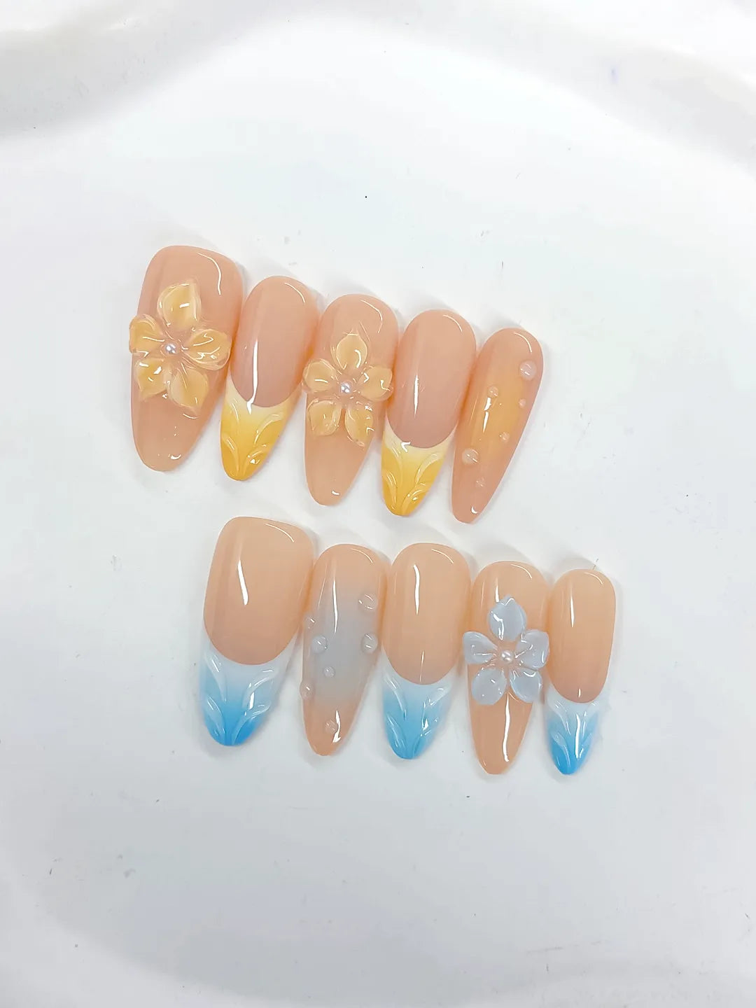 Nude Yellow Blue White French tip Flower Pearl press on nails close up