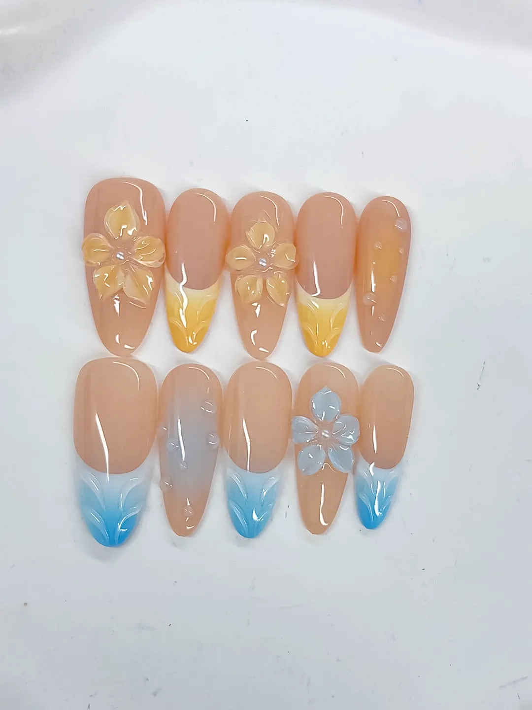Nude Yellow Blue White French tip Flower Pearl press on nails detail view