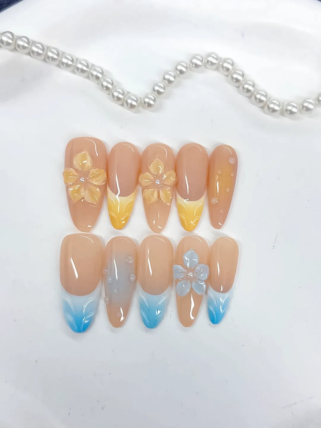Nude Yellow Blue White French tip Flower Pearl press on nails detail view
