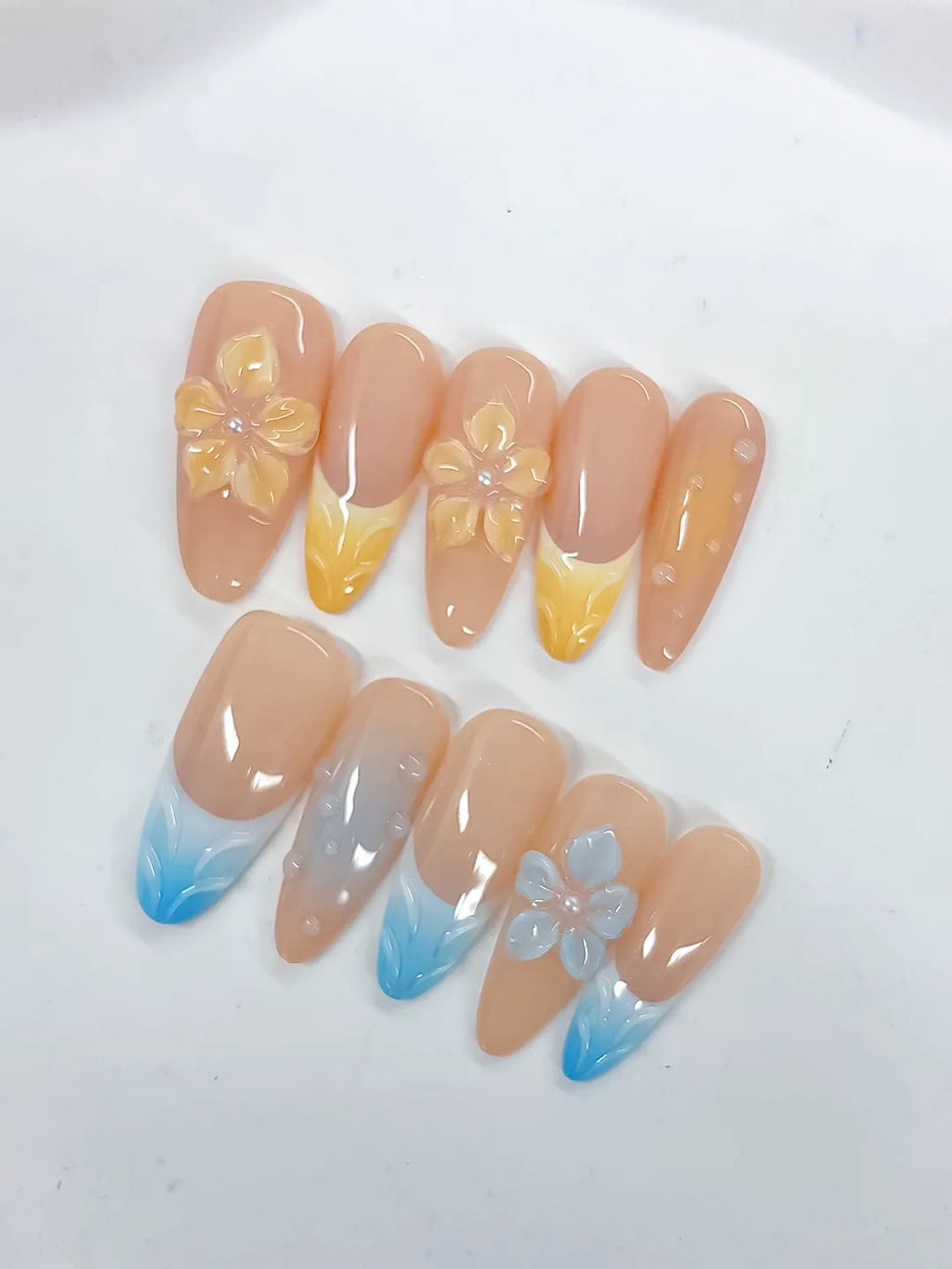 Nude Yellow Blue White French tip Flower Pearl press on nails detail view