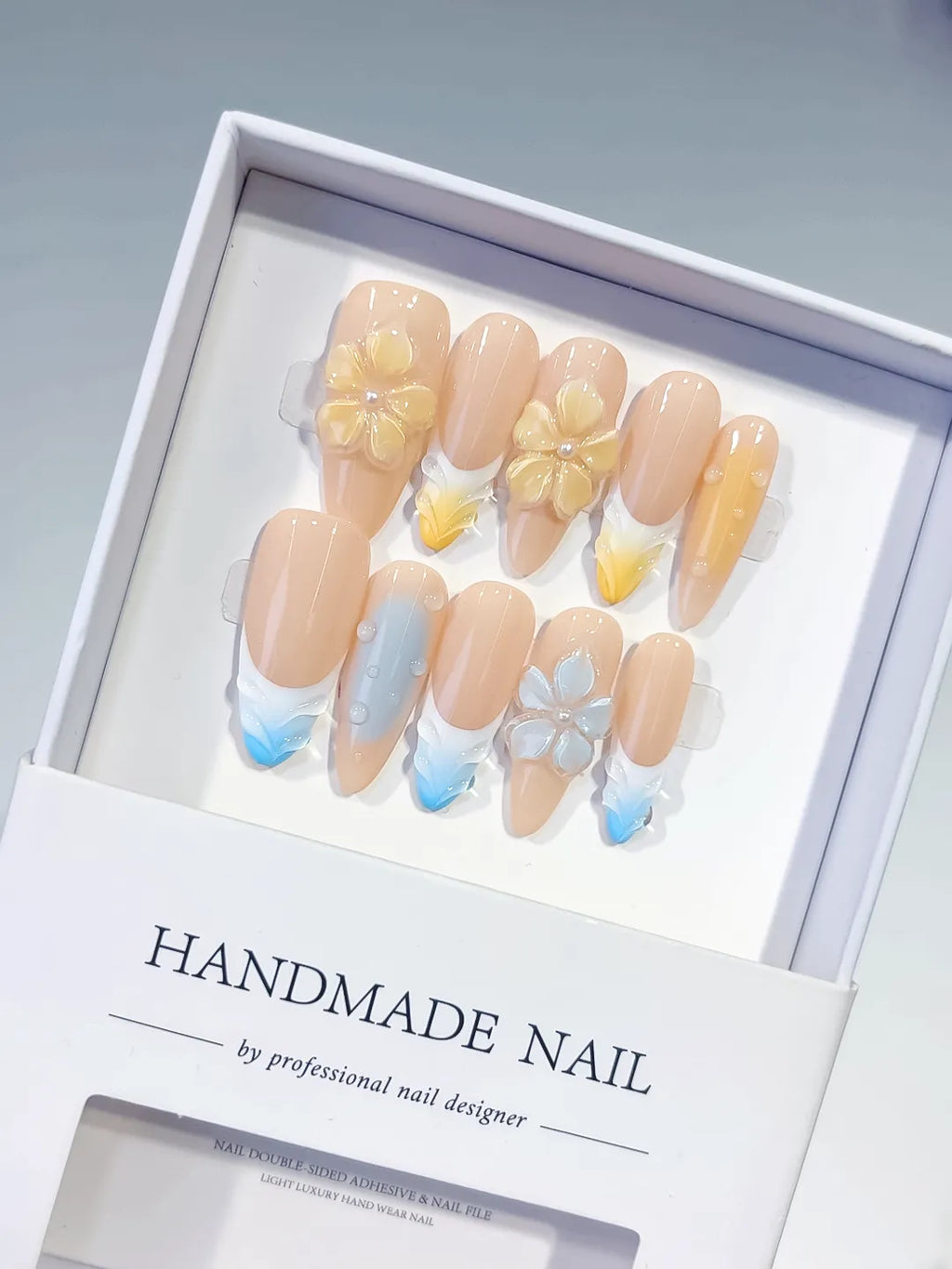 Nude Yellow Blue White French tip Flower Pearl press on nails