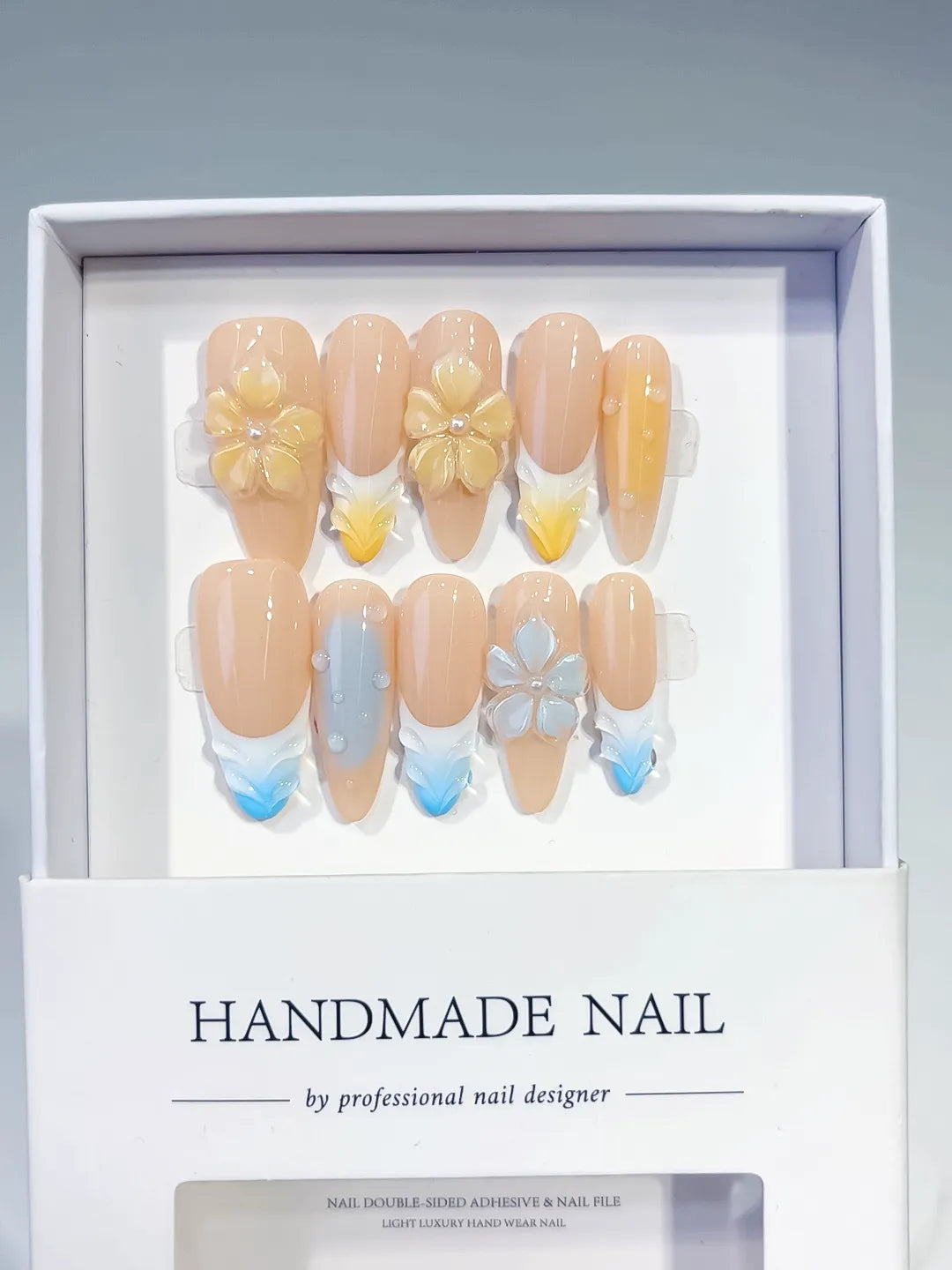 Nude Yellow Blue White French tip Flower Pearl press on nails full set view