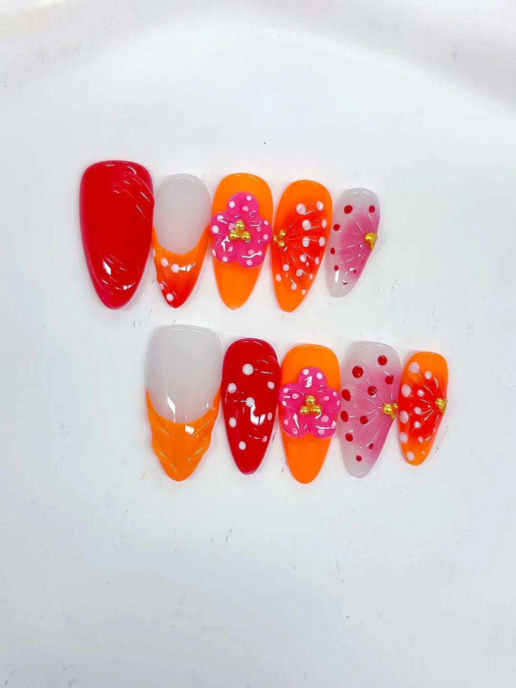 Red Orange White Pink Abstract Flower Dot Pattern Stud press on nails detail view