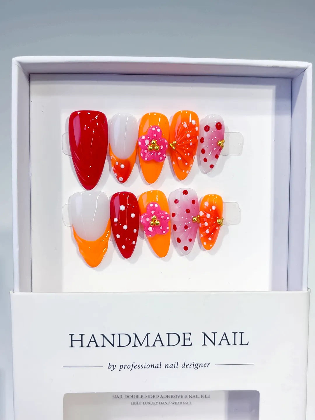 Red Orange White Pink Abstract Flower Dot Pattern Stud press on nails full set view